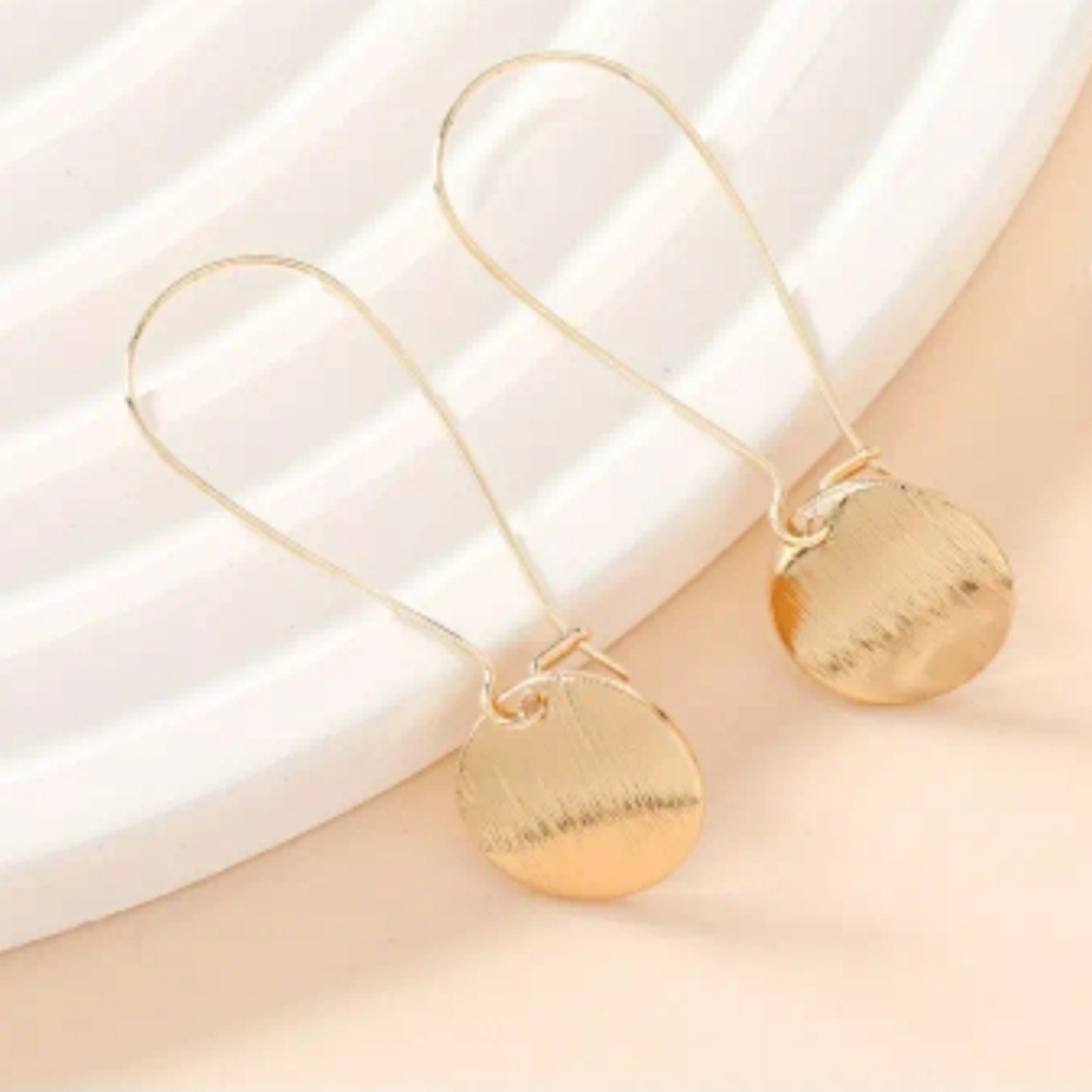 Brushed Gold Glossy Disc Drop Hook Earrings - Picture 3 of 9